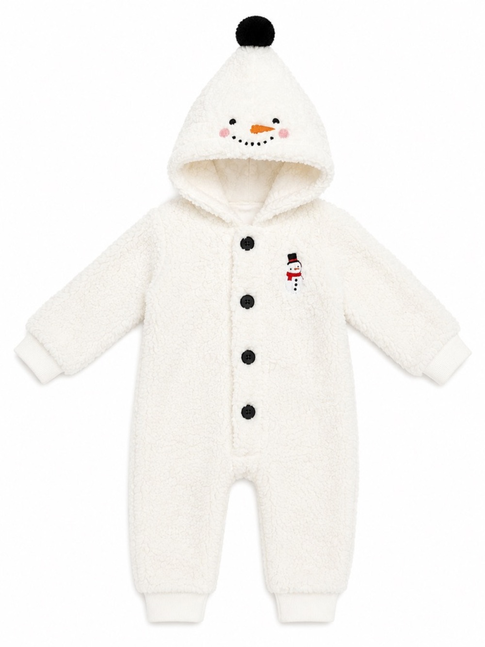 New - Petit Lem Cream Snowman Hooded “Snow Cute” Baby One-Piece | Size 9 Months